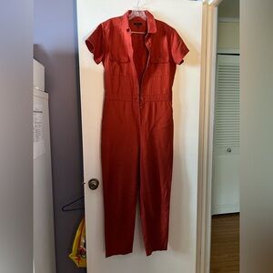 Quince Burnt Orange Jumpsuit with V-Neck and Defined Waist